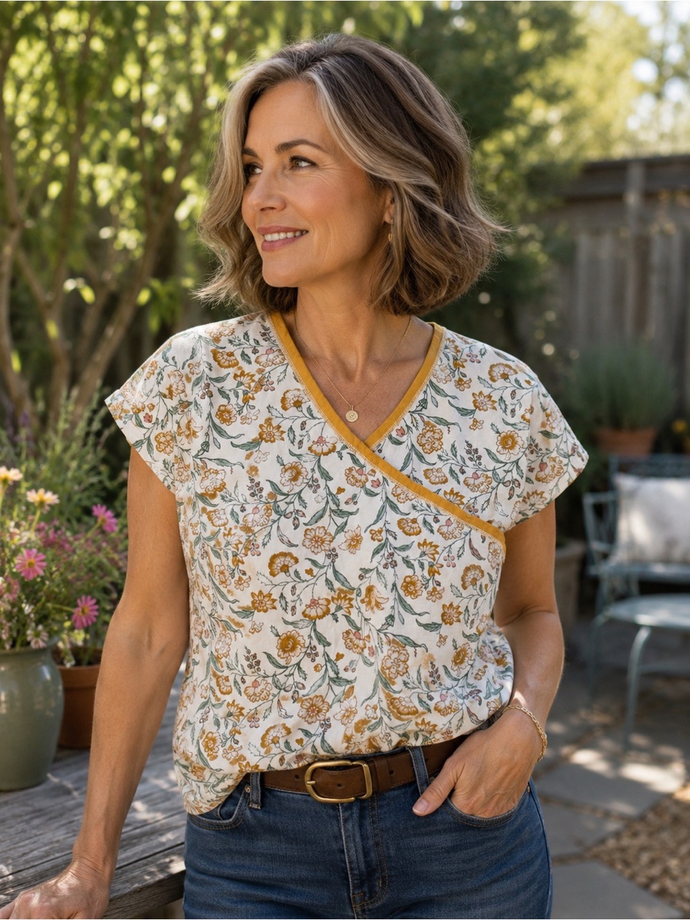 Garnet Hill Floral Wrap-Trim V-Neck Top in Cream and Mustard